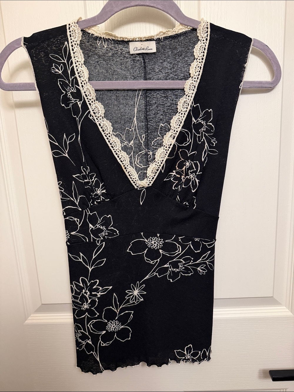 Black Floral Lace-Trim V-Neck Dress
